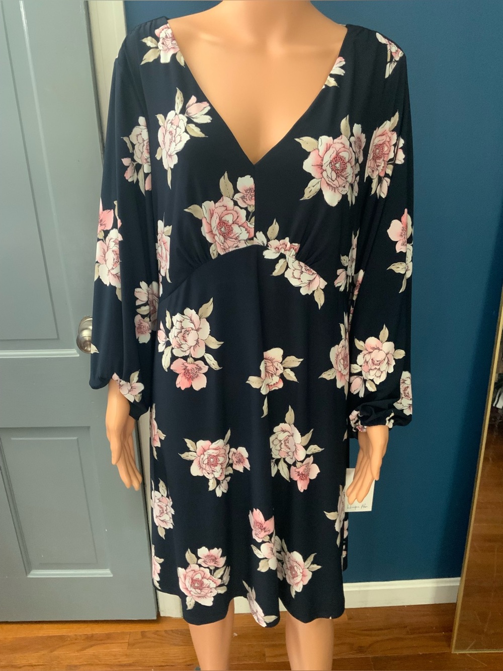 Black Floral V-Neck Midi Dress with Pink Rose Print